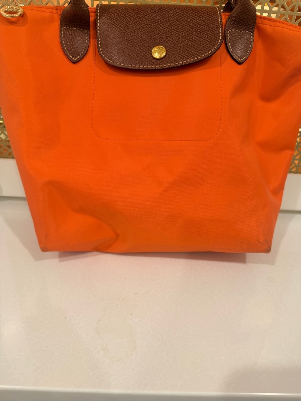 Longchamp Orange Tote Bag with Brown Trim - Classic Women's Shoulder Bag - Picture 5 of 13